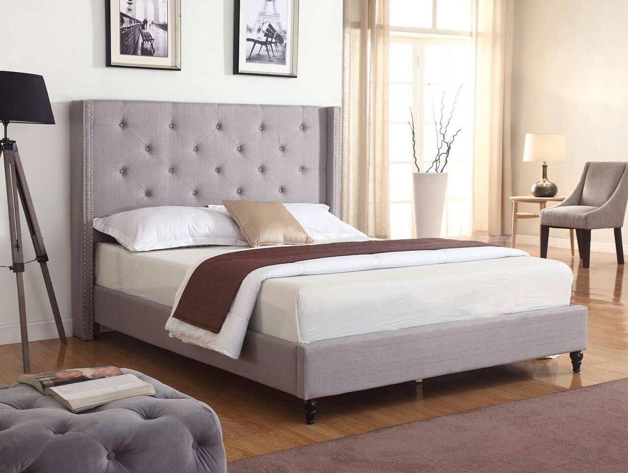 HomeLife furBed00007_Cloth_LightGrey_Full Platform Bed, Grey