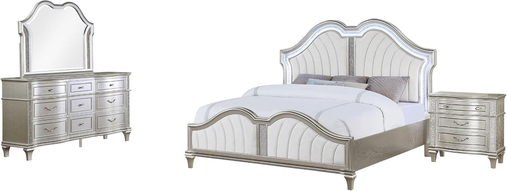 Coaster Home Furnishings Evangeline Modern Classic 4-Piece Bedroom Set Chenille Upholstered California King Size LED Panel Bed Frame 67-inch Headboard Silver Oak 223391KW-S4