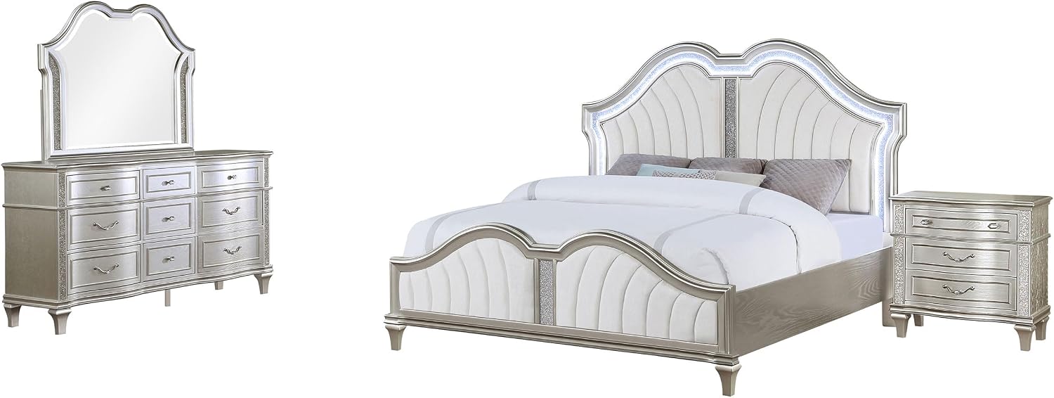 Coaster Home Furnishings Evangeline Modern Classic 4-Piece Bedroom Set Chenille Upholstered California King Size LED Panel Bed Frame 67-inch Headboard Silver Oak 223391KW-S4