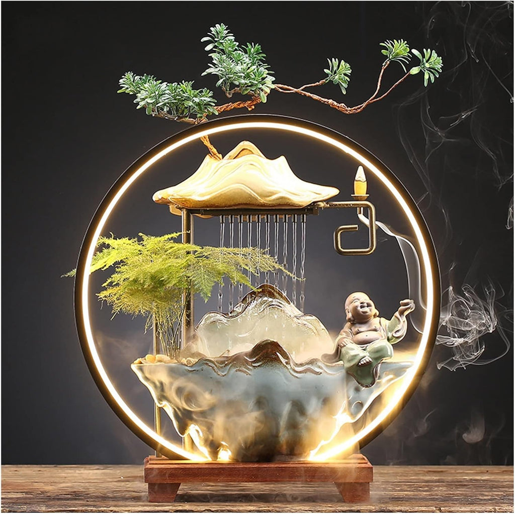 Ceramics Indoor Water Fountains Home Lucky Circulation Flowing Water Ornament Living Room Desktop Office Fountain with Mist and Backflow Incense Holder (Color : B)