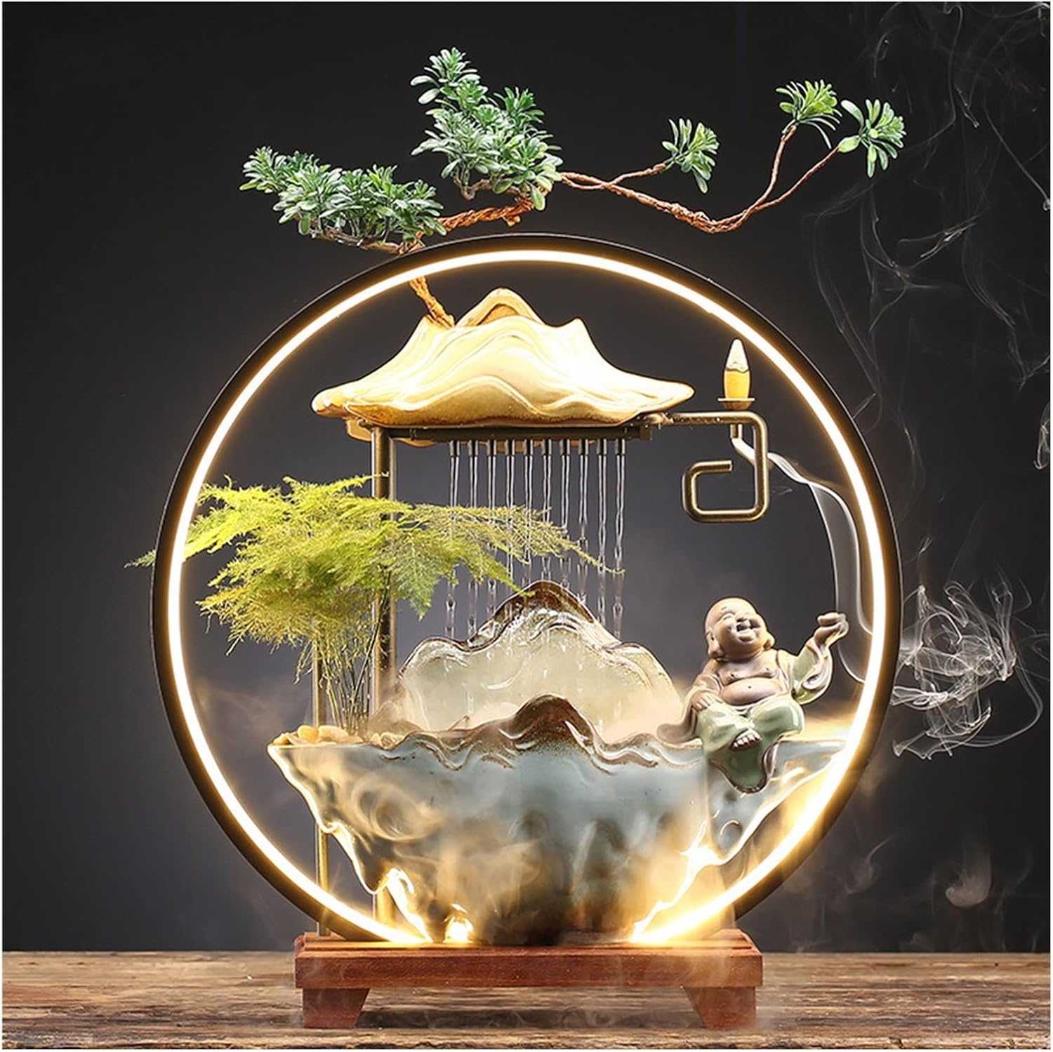 Ceramics Indoor Water Fountains Home Lucky Circulation Flowing Water Ornament Living Room Desktop Office Fountain with Mist and Backflow Incense Holder (Color : B)