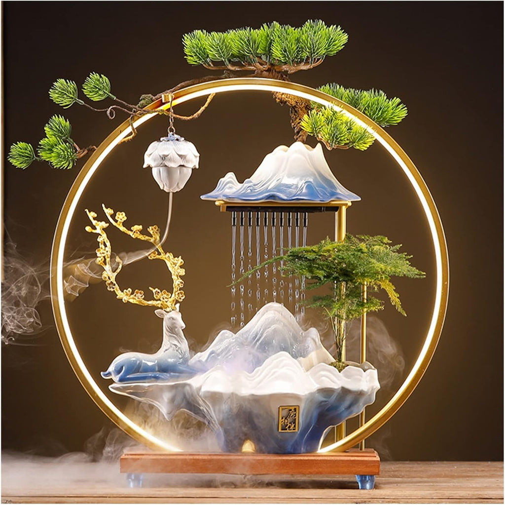 Ceramics Rockery Waterfall Indoor Mini Tabletop Water Fountain with LED Lights, Atomizing Humidifier Home Office Decorations Lucky Flowing Water Decoration (Color : Style 1)