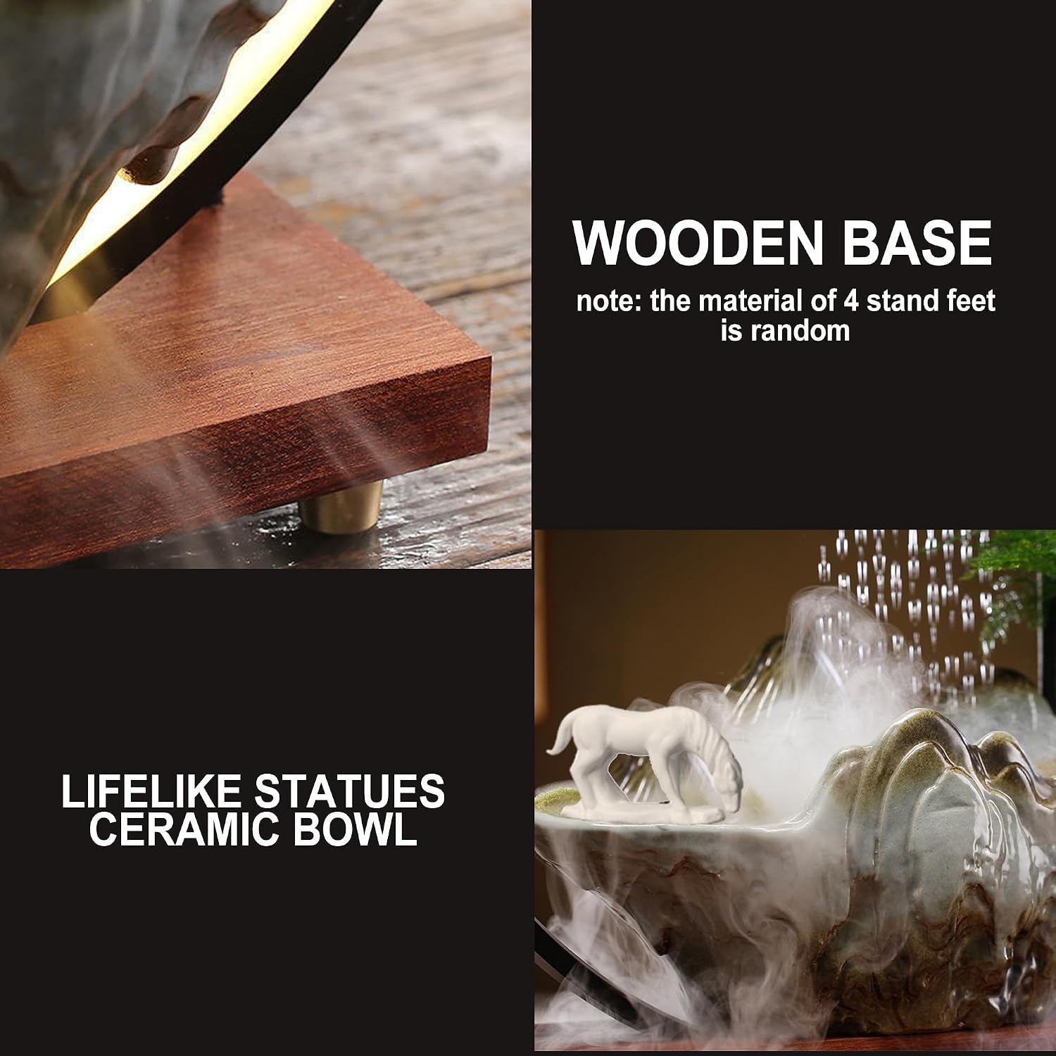 Horse Tabletop Fountain Indoor Waterfall Fountain Office Tabletop Water Fountain with Lights Backflow Incense Burner Ceramic Fountain Indoor Zen Decor for Home Office Yoga Meditation (Horse)