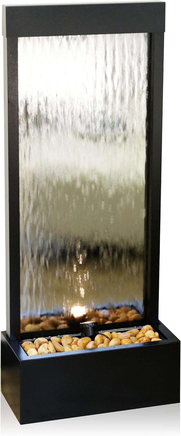 Alpine Corporation - Mirror Waterfall Fountain with Stones & Lights - Zen Indoor/Outdoor Decor for Office, Living Room, Patio, Entryway - 48 Inches (Silver)