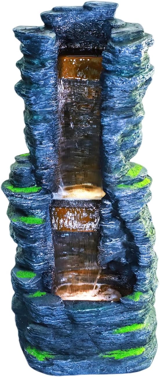 Outdoor Decorative Garden Fountain with LED Lights,Featuring a 39.37-Inch Cascading Garden Waterfall Scenery