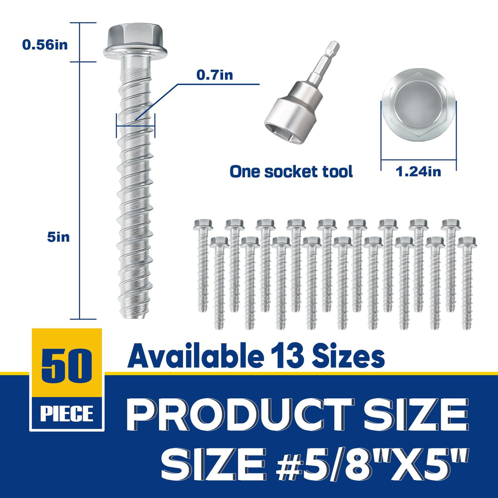 50 Pack 5/8' x 5' Large Diameter Concrete Screw - Heavy Duty Concrete Anchors, Masonry Screws for Brick, Block, Wood & Framing - Zinc Plated Hex Screws