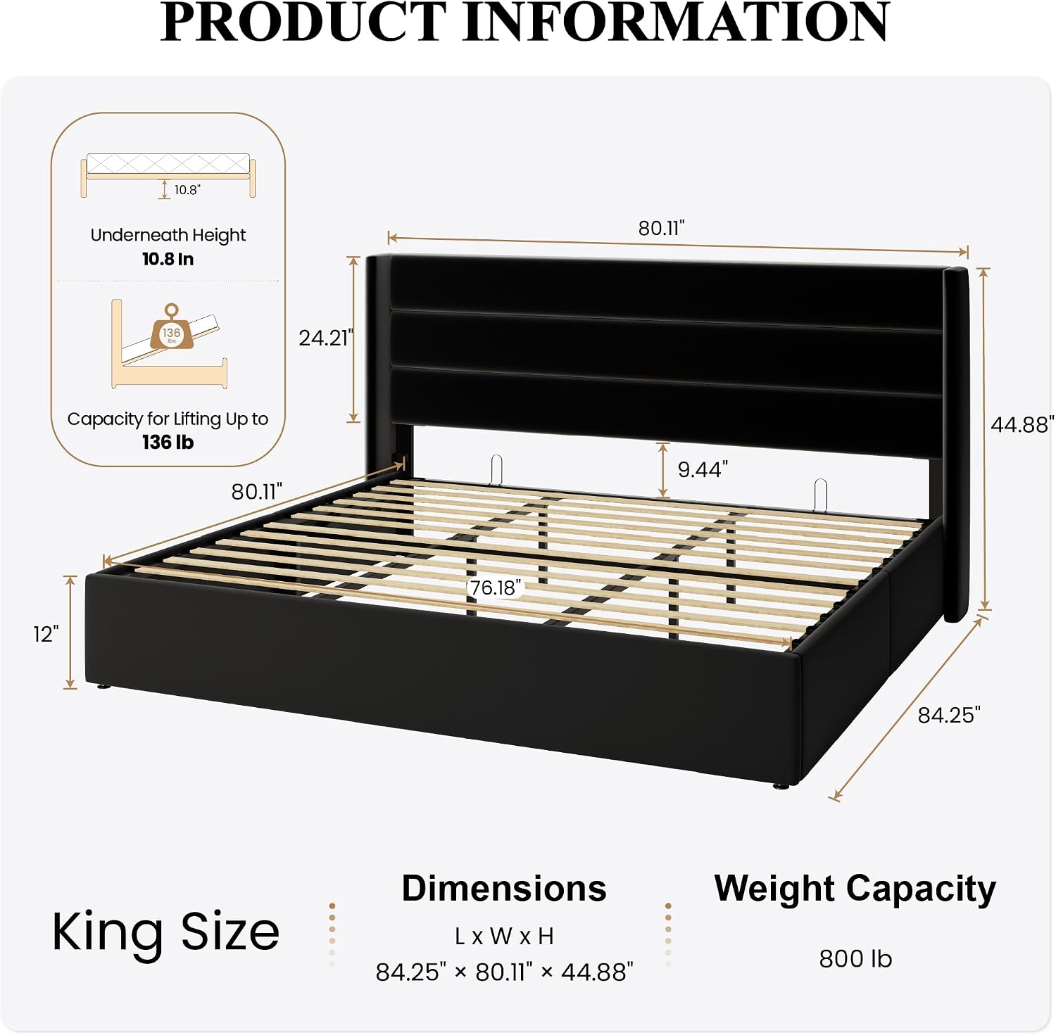 SHA CERLIN King Size Lift Up Storage Bed/Velvet Upholstered/Modern Wingback Headboard/Upholstered Platform Bed Frame/Hydraulic Storage/No Box Spring Needed/Black