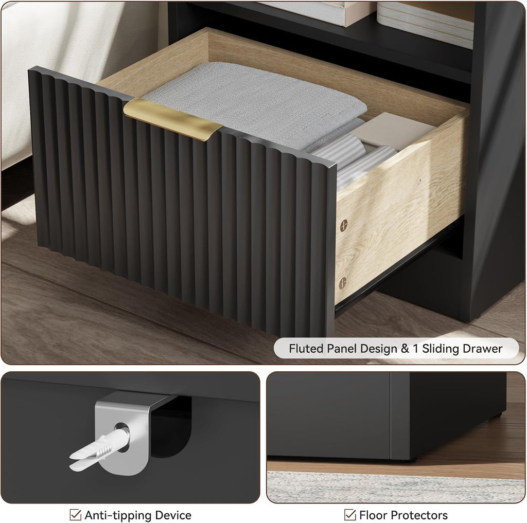 6 Drawer Dresser & Nightstand Set 3-Piece, 55' Wide Bedroom Set Night Stand Set of 2 with Metal Handle, Fluted Modern Wood Chest of Drawers Storage Dressers Set for Bedroom, Black