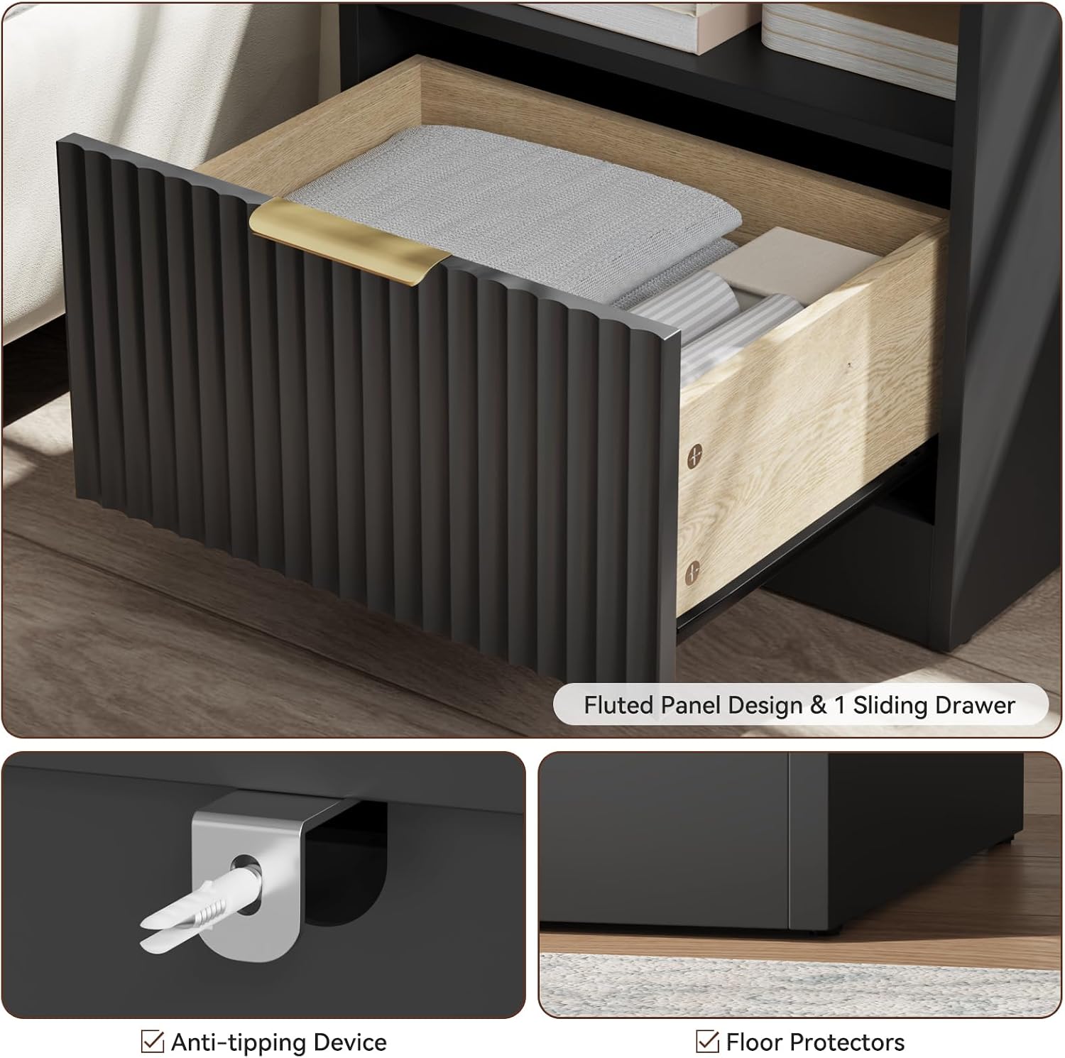 6 Drawer Dresser & Nightstand Set 3-Piece, 55' Wide Bedroom Set Night Stand Set of 2 with Metal Handle, Fluted Modern Wood Chest of Drawers Storage Dressers Set for Bedroom, Black