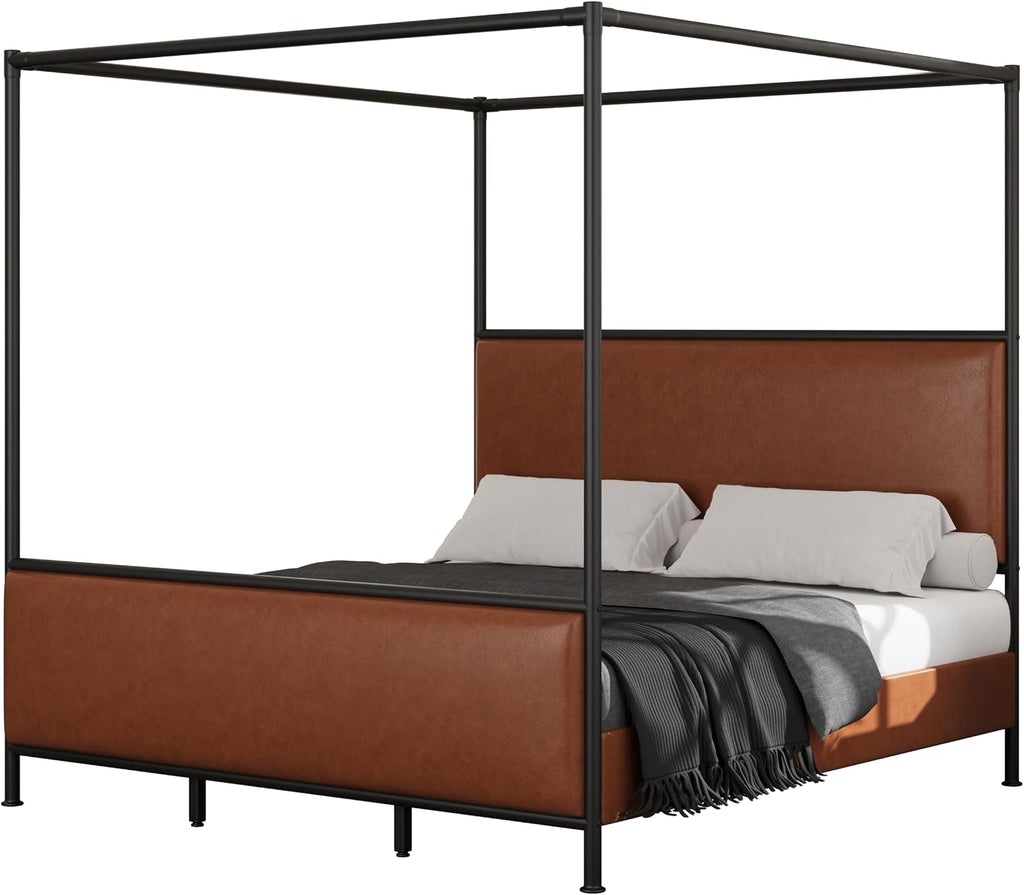 King Size Canopy Bed Frame with Tall Upholstered Headboard and Iron Legs, No Box Spring Needed (Brown+Black, King)