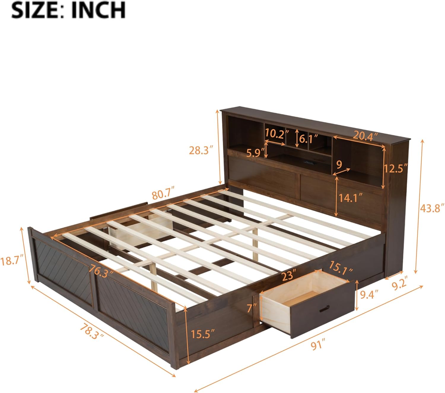 VilroCaz Wood King Size Platform Bed with Storage Headboard and USB Port, Modern Platform Bed Captain's Bed Frame with 2 Drawers, Sturdy Slats Support, Maximize Space (Antique Wood-M4)