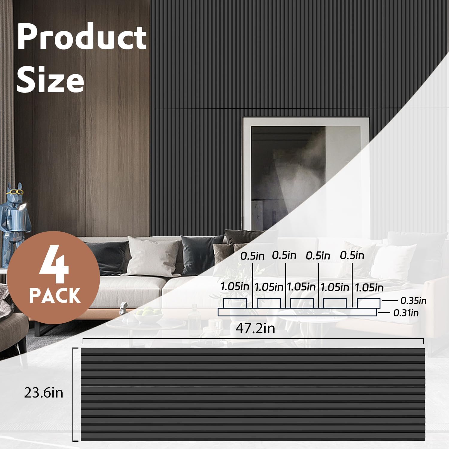 RITOLLO 4 Pack Wood Panels for Wall - 47.2'×23.6' Wood Slat Acoustic Panels for Wall, Soundproof Panels, 3D Fluted Panels for Interior Wall Decor (Matte Black)