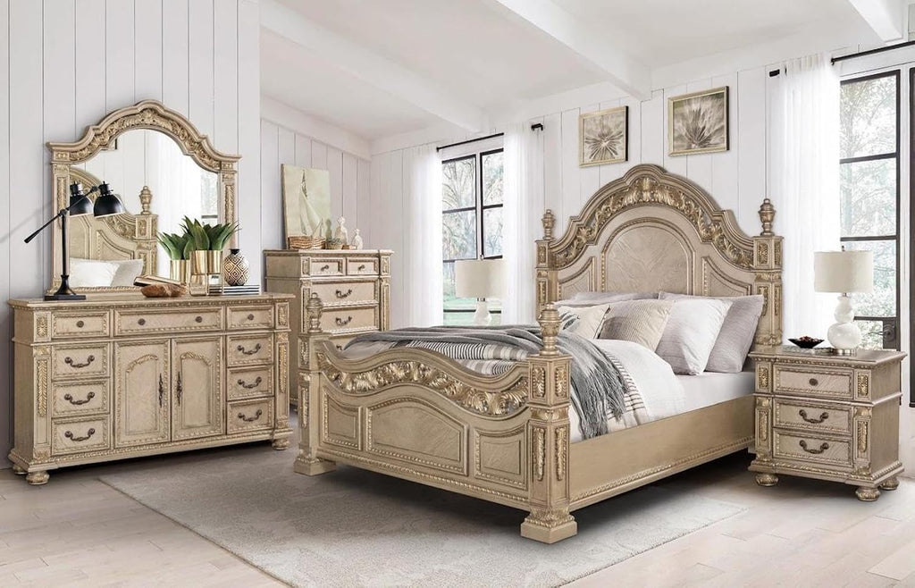 First of a Kind Carolina Gold Finish Traditional 5 Piece Queen Bedroom Set with Upholstered Tufted Headboard Ornate European Inspired Design Coordinated Furniture Collection