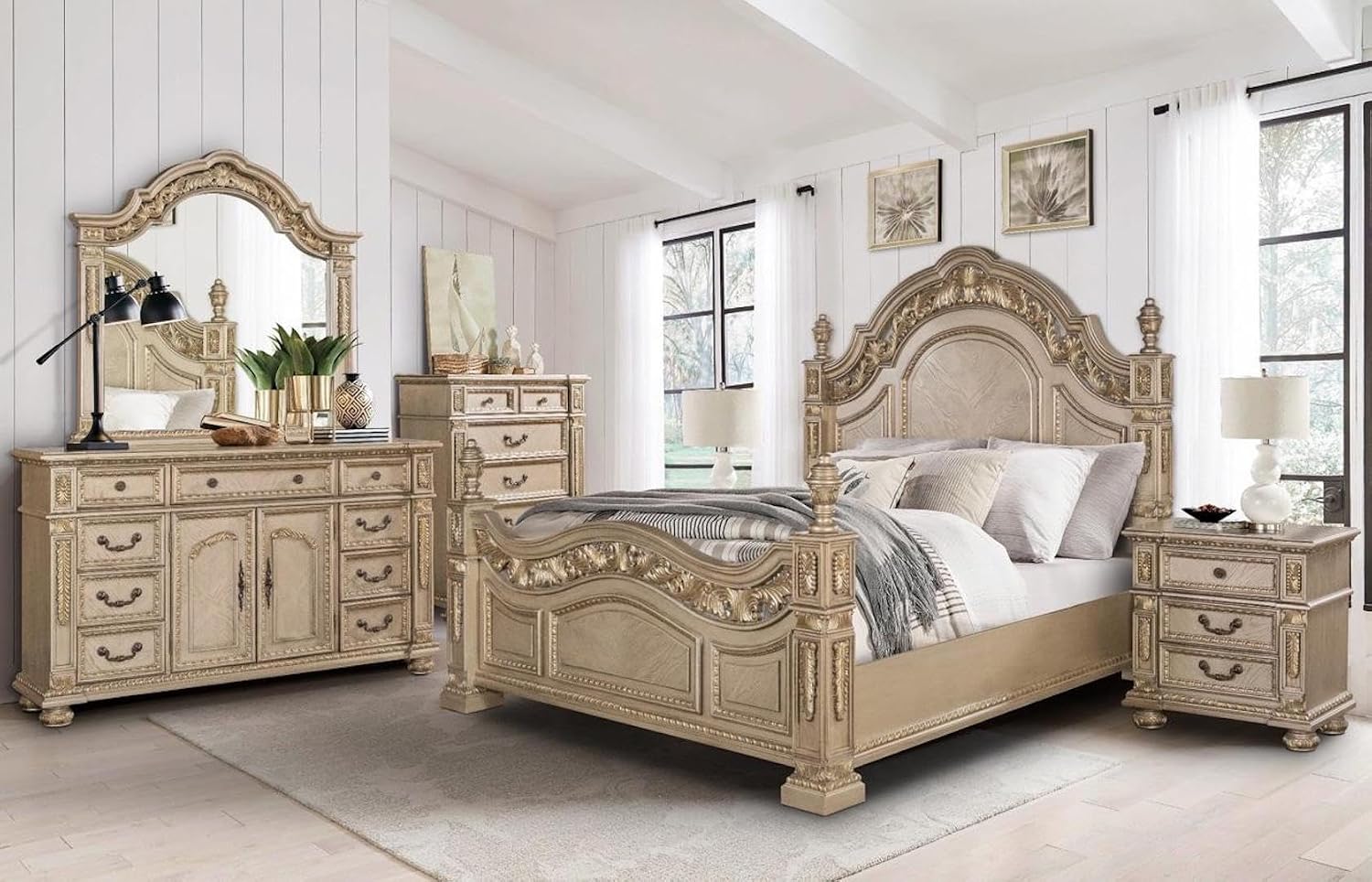 First of a Kind Carolina Gold Finish Traditional 5 Piece Queen Bedroom Set with Upholstered Tufted Headboard Ornate European Inspired Design Coordinated Furniture Collection