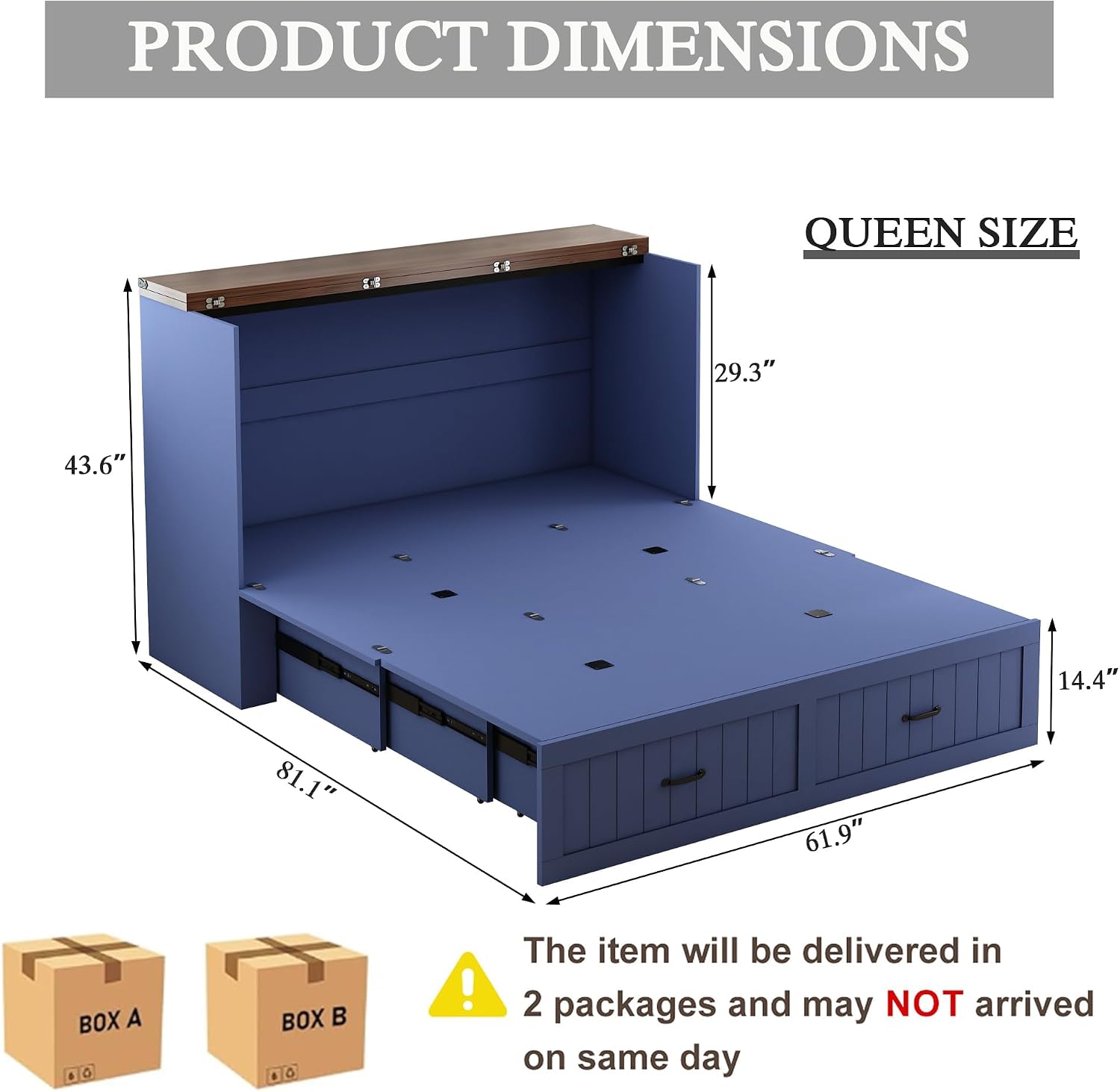 Queen Size Murphy Bed with Charging Station and Large Drawer, Farmhouse Cabinet Bed with Storage, Multifunctional Wood Hidden Folding Bed Frame for Bedroom, Blue