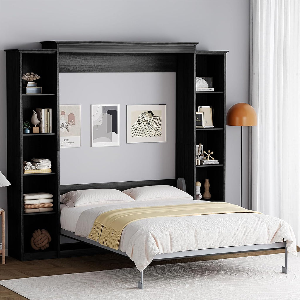 Rophefx Queen Murphy Bed Cabinet with 5-Tier Adjustable Storage Shelves, Wood Queen Wall Bed Cabinet Bed Frame, Space Saving Beds, Hidden Bedframe, Foldable Platform Beds for Guest Room, Black Gray