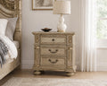 First of a Kind Carolina Gold Finish Traditional Nightstand, High Gloss Style Bedside Table, Upholstered Design, Ornate Carved Wood Accent Furniture for Coordinated Bedroom Interiors