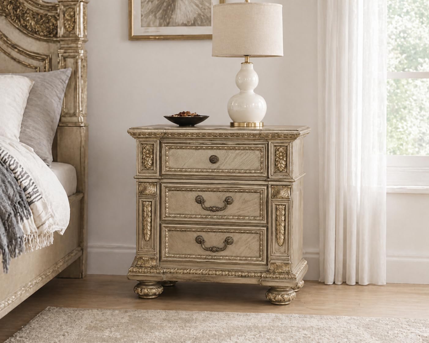 First of a Kind Carolina Gold Finish Traditional Nightstand, High Gloss Style Bedside Table, Upholstered Design, Ornate Carved Wood Accent Furniture for Coordinated Bedroom Interiors