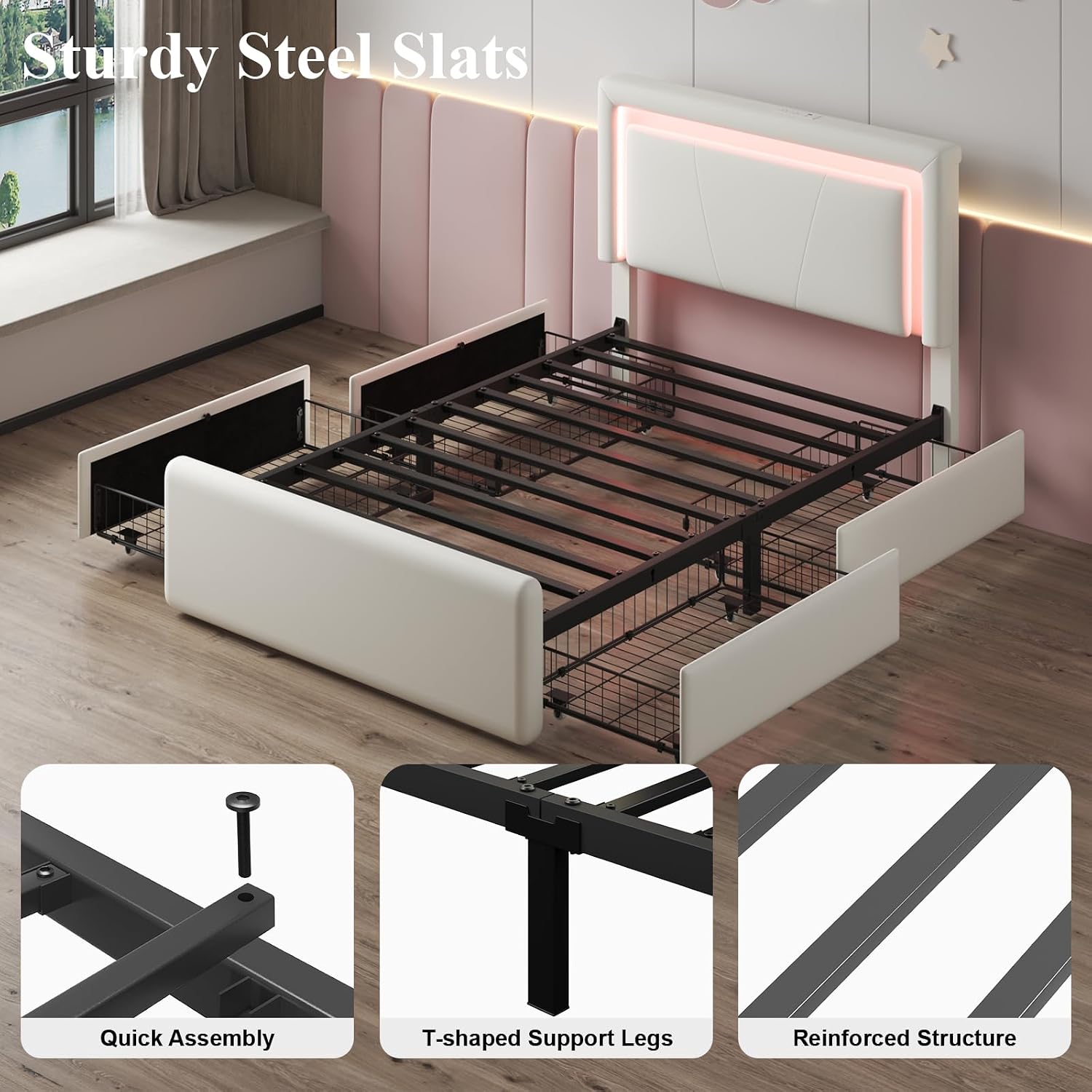LoVinson Twin Size Bed Frame with 4 Storage Drawers, Charging Station and LED Light, Adjustable Upholstered Headboard, Noise-Free, No Box Spring Needed, Easy Assembly, White