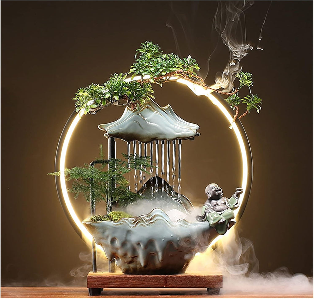 Ceramic Buddha Water Fountains Indoor Waterfall with LED 2 Buddhas Mist Water Fountain with Backflow Incense Holder for Feng Shui Strees Relief Wealth-Booming Japanese Decor