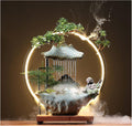 Ceramic Buddha Water Fountains Indoor Waterfall with LED 2 Buddhas Mist Water Fountain with Backflow Incense Holder for Feng Shui Strees Relief Wealth-Booming Japanese Decor