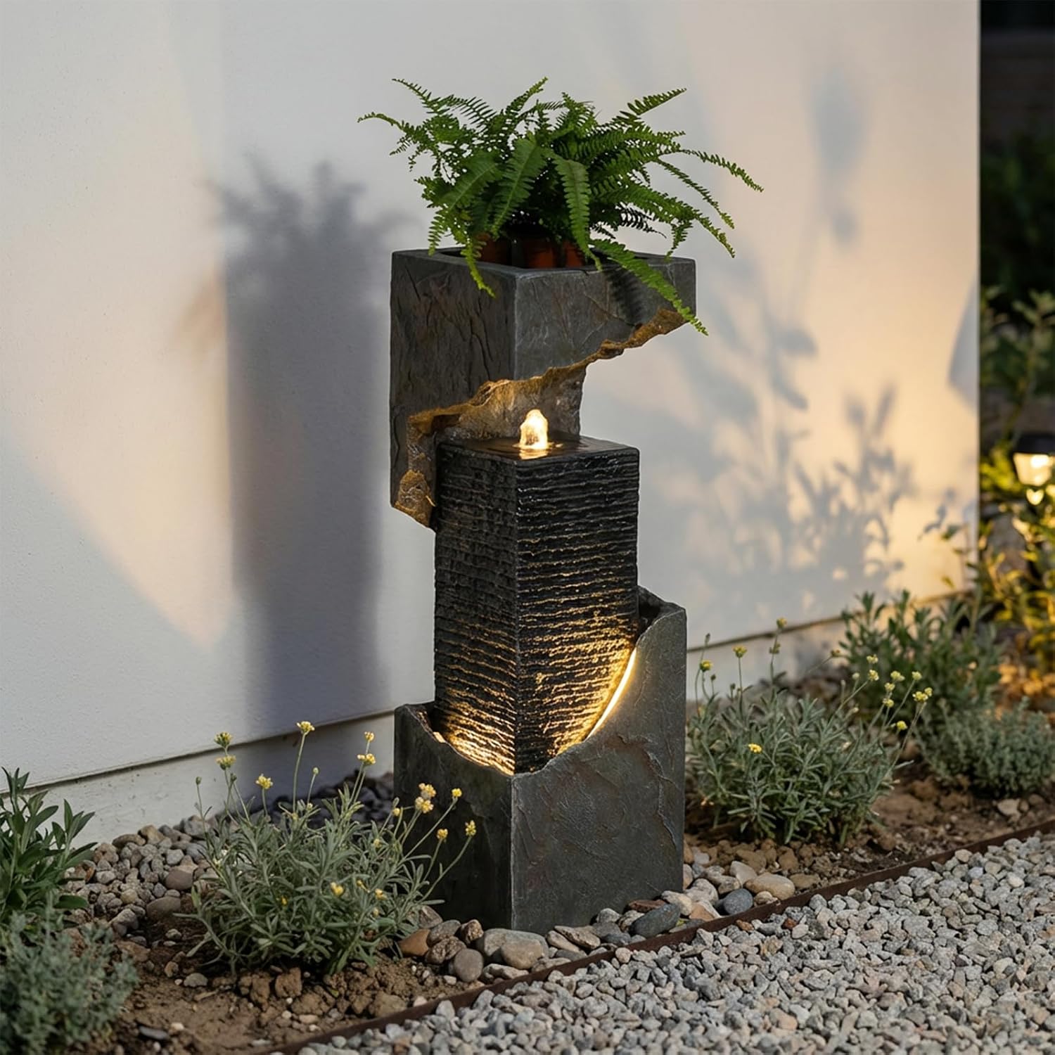 Modern Rectangular Water Fountain Outdoor with LED Lights & Planter Top, 35.4' Tall Resin Cascading Waterfall Feature for Patio Backyard Garden Décor, Outdoor Water Feature