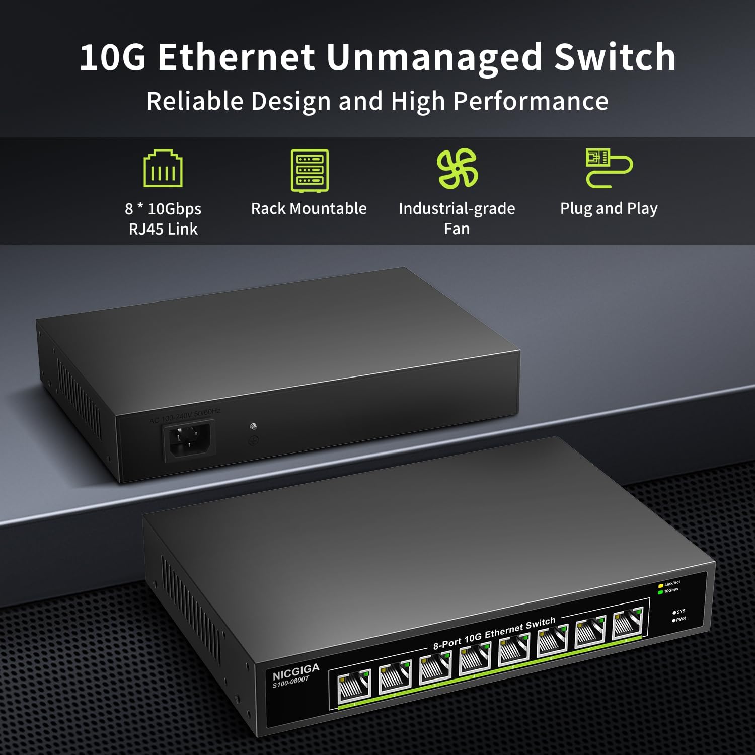 8 Port 10G Ethernet Switch Unmanaged,with 8X 10Gb Base-T Ports, NICGIGA 10Gbps Network Switch Easy for 10G NAS,PC,WiFi7 Router,10G Adapter/NIC. Desktop or 19-inch Rack Mount, Plug and Play.