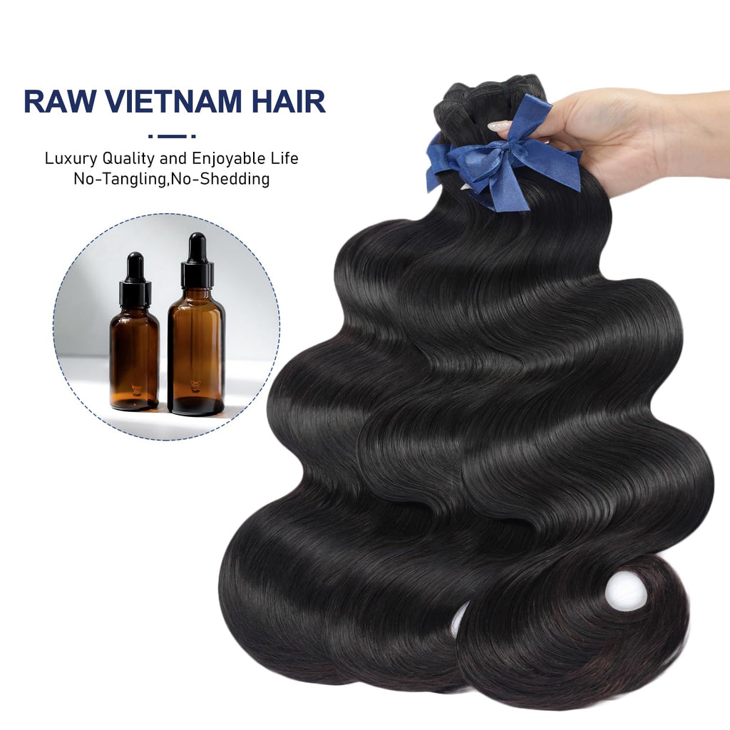 Raw Bundles Human Hair Body Wave, Bleachable & Dyeable, No Shedding, No Tangles, 15A Raw Vietnamese Hair Bundles, 12 12 12 Inches, 3X Longer Lifespan