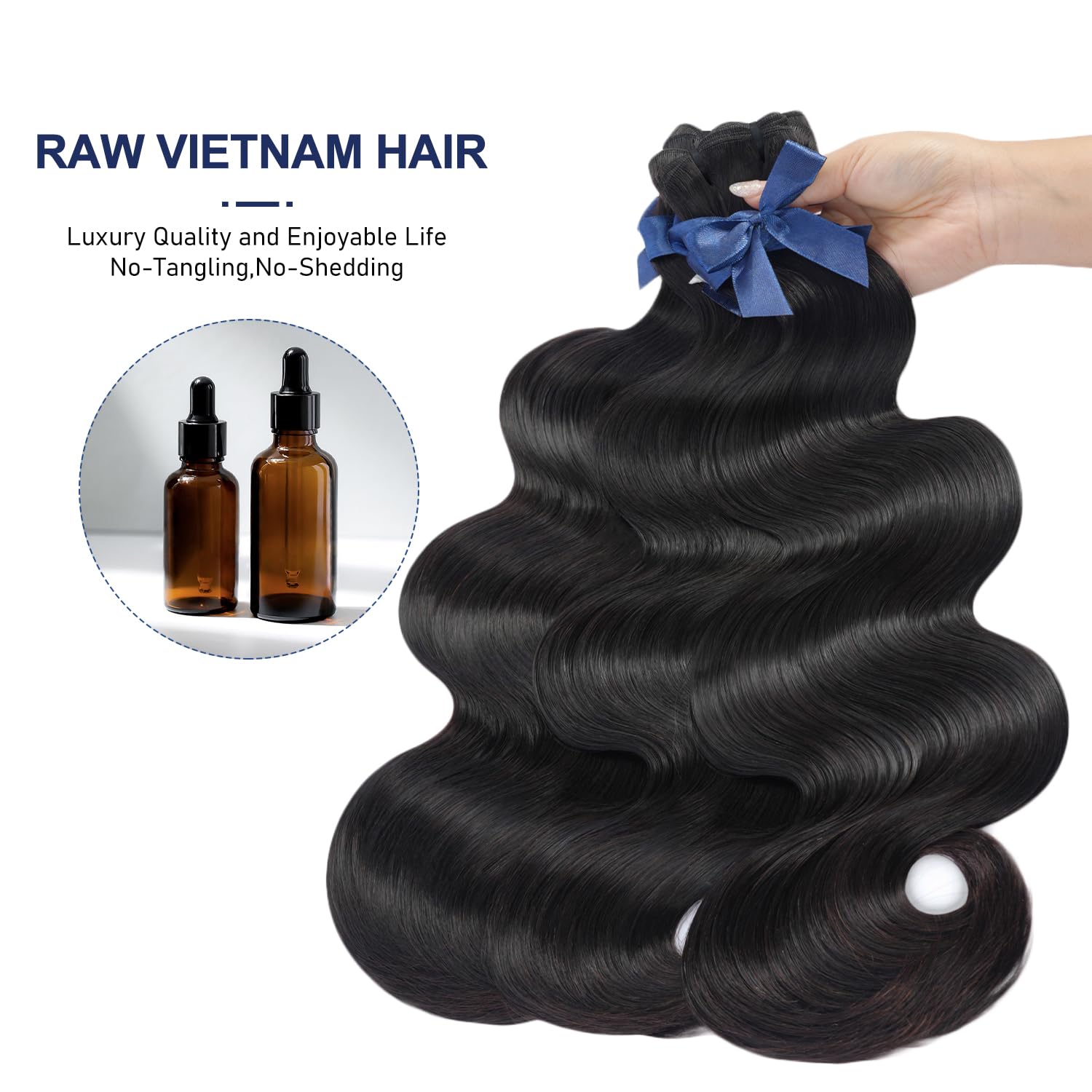 Raw Bundles Human Hair Body Wave, Bleachable & Dyeable, No Shedding, No Tangles, 15A Raw Vietnamese Hair Bundles, 12 12 12 Inches, 3X Longer Lifespan