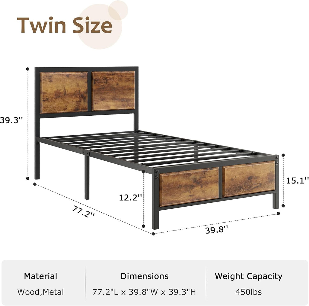 VECELO Twin Bed Frames, Metal Platform Beds with Large Rustic Wooden Headboard, Metal Slats Support, Noise-Free/Easy Assembly, Vintage Brown