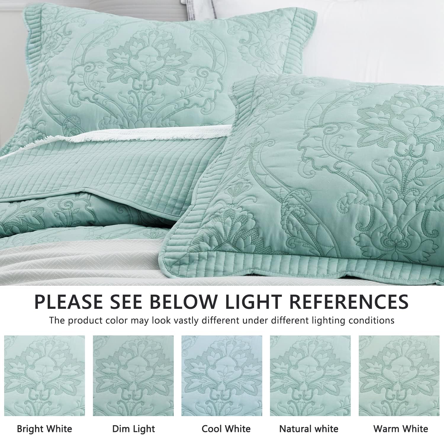 CHIXIN Oversized King Bedspread 128x120 Extra Wide - Lightweight Bedding Cover - Beautiful Stitching - 5 Piece Reversible Bedspread - Gorgeous Damask Paisley Pattern (King/Cal King, Seaglass)