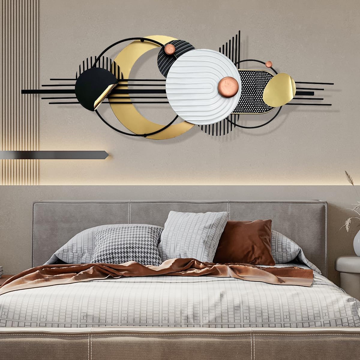 Metal Wall Art, Black and White Gold Wall Sculptures, Minimalist Geometric Decor, 3D Large 59'*21' Wall Art for Living Room Bedroom Bathroom Study Modern Wall Decor, Home Hanging Wall Sculpture