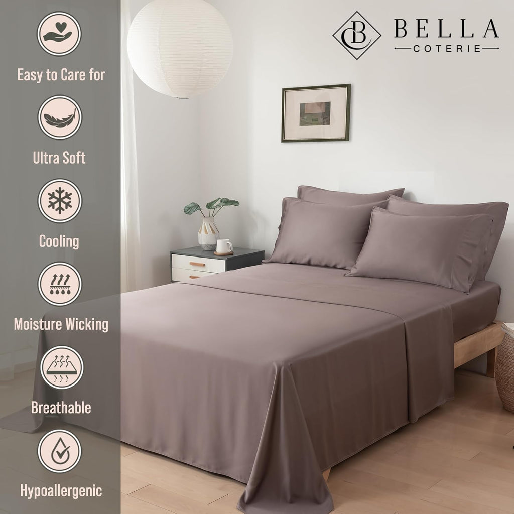 Bella Coterie 6 Piece Luxury Bamboo Viscose King Size Sheet Set | 100% Organically Grown | Cooling for Hot Sleepers | 18' Deep Pocket | Soft & Hypoallergenic | 4 Pillowcases [Mocha]