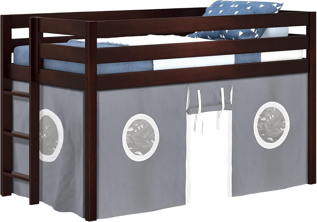 Jackpot! Contemporary Low Loft Twin Bed with End Ladder, Cherry with Gray & White Tent