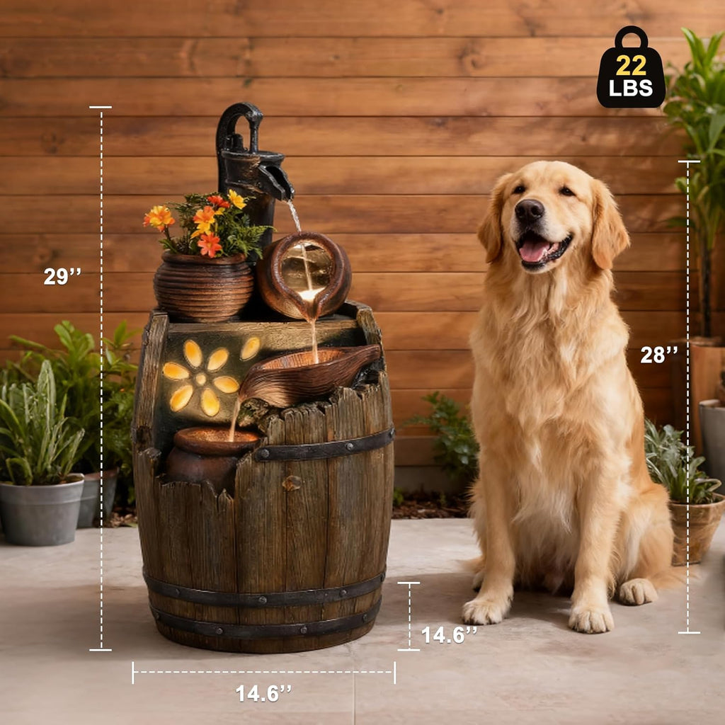 Water Fountain Outdoor 29' H Outside Floor 3 Tiered Rustic Barrel with Light, Pump for Garden, Patio, Deck, Porch, Backyard Home Decor