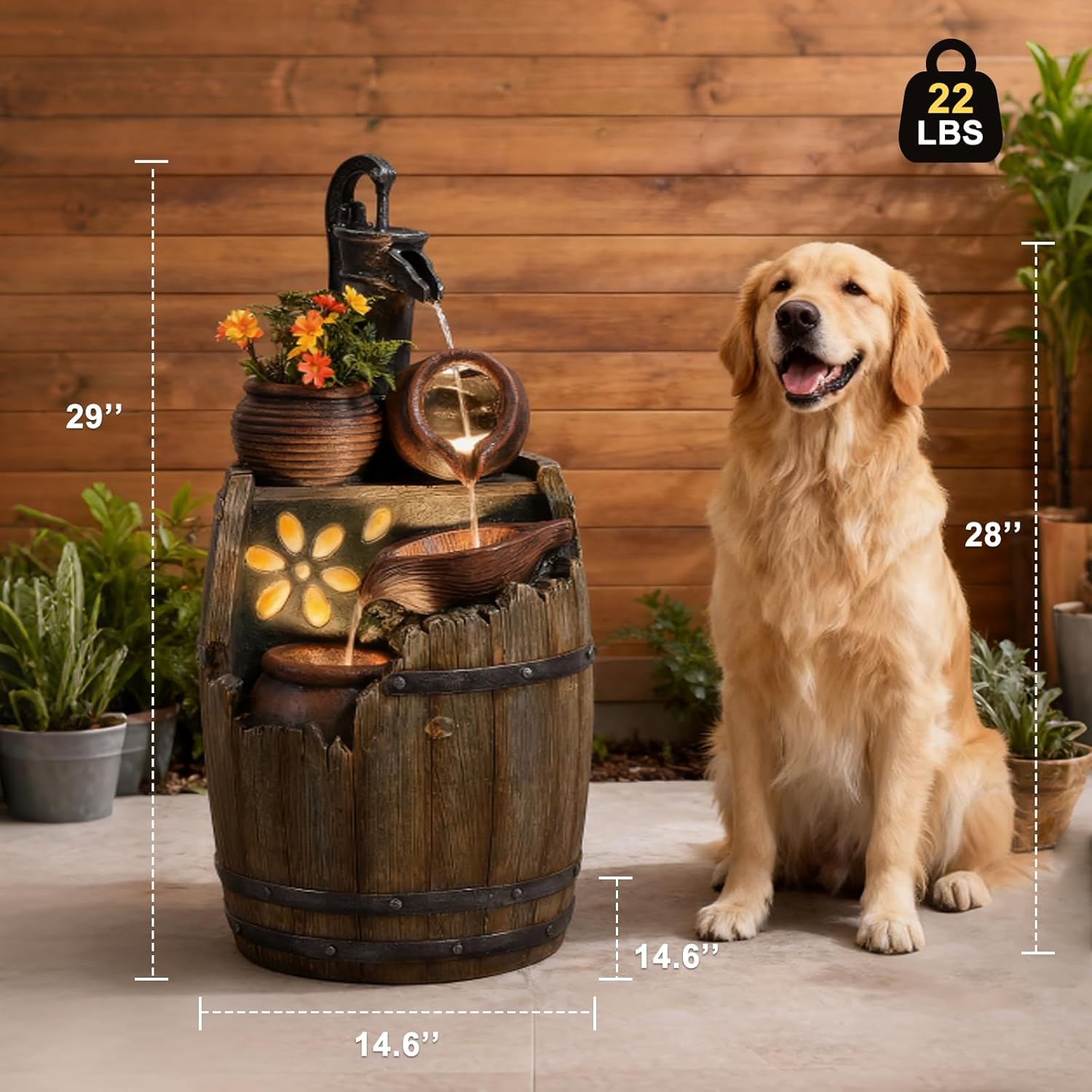 Water Fountain Outdoor 29' H Outside Floor 3 Tiered Rustic Barrel with Light, Pump for Garden, Patio, Deck, Porch, Backyard Home Decor