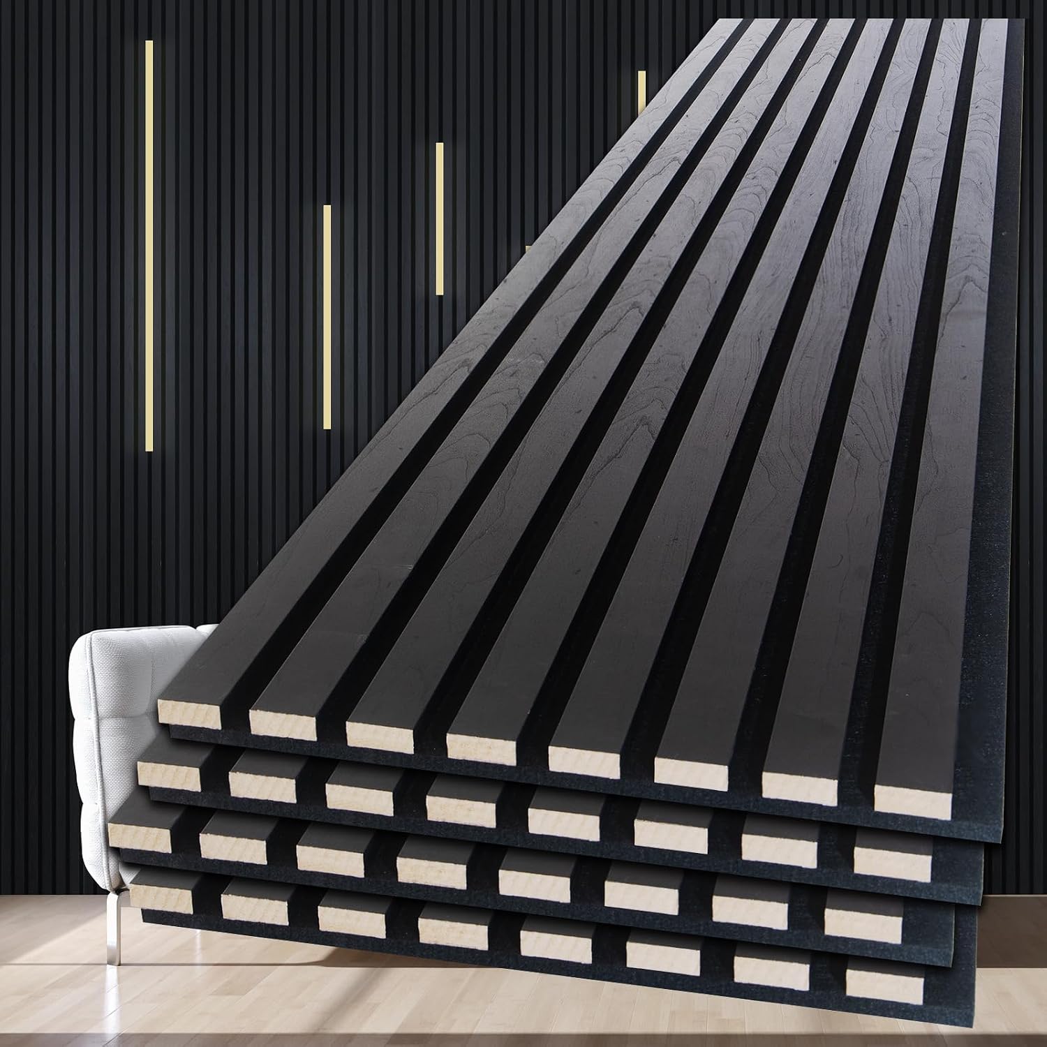NeatiEase Wood Panels for Wall, 4-Piece 108' x 12.6' Soundproof Wood Slat Wall Panel for Interior Wall Decor Noise Cancelling, Acoustic Wall Panels, Sound Absorbing Panel (Black)