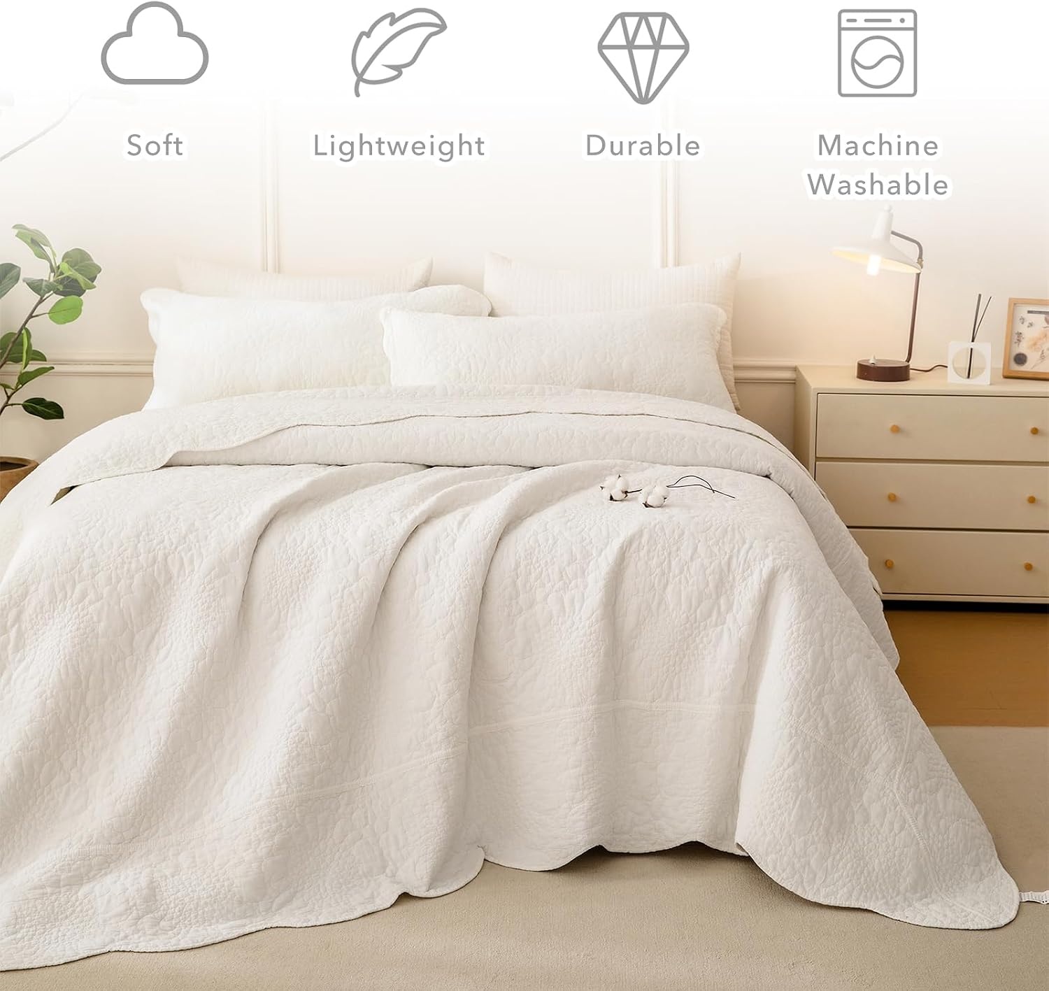 QSH 3PCs Milk White Oversized King Quilt (120'x120'),Stonewashed Cotton Bedspread California King,Ultra Soft Lightweight Crinkled Wave Pattern Bedspread Coverlet Rustic Bedding Set for All Seasons