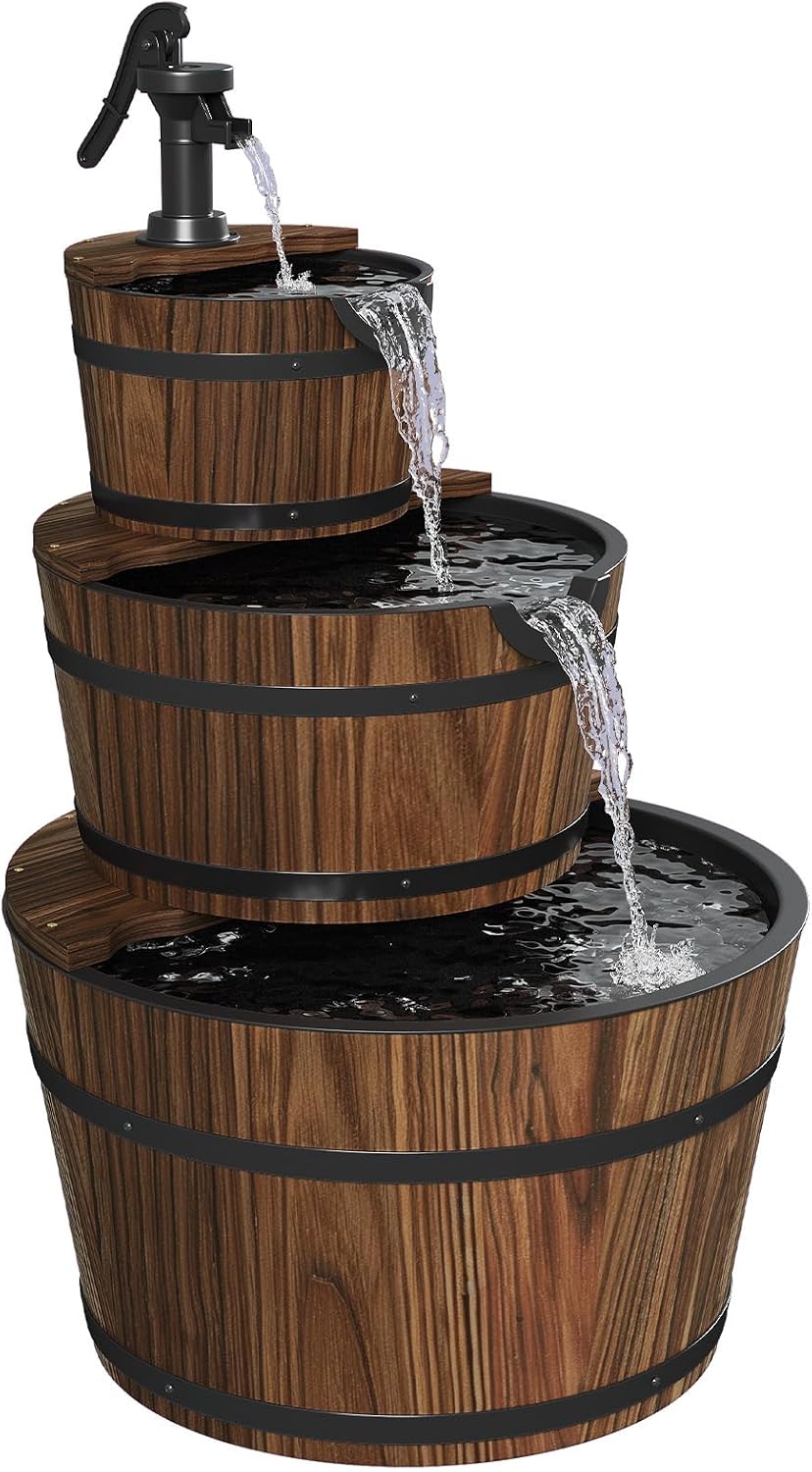 Aoxun 3-Tier Outdoor Water Fountain, Wood Barrel Cascading with Electric Decorative Hand Pump, Rustic Waterfall Fountain for Garden, Backyard, Patio, Porch, Yard