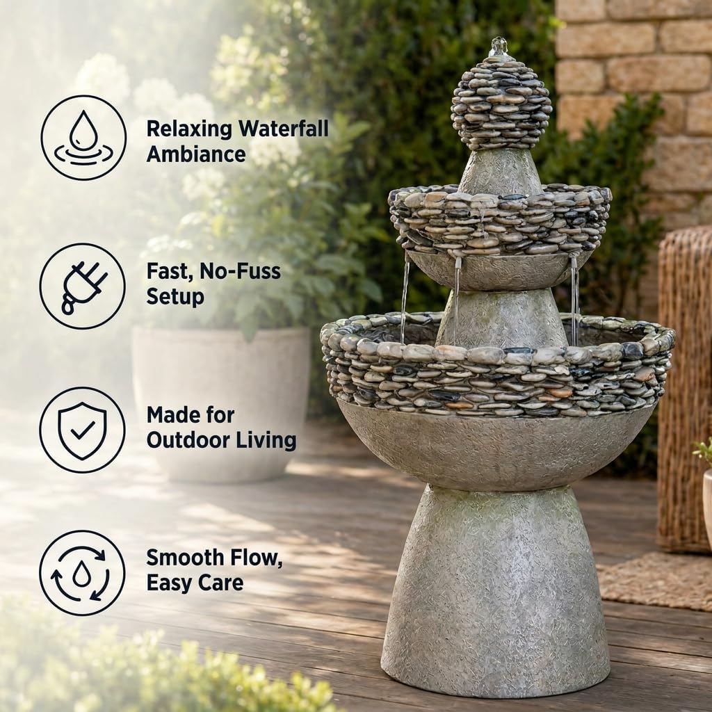 Teamson Home 36.5 in. Outdoor 3-Tier Zen-Style Pedestal Water Fountain in. with Stone Trim with Pump and 2.64 Gallon Capacity, Stone Gray