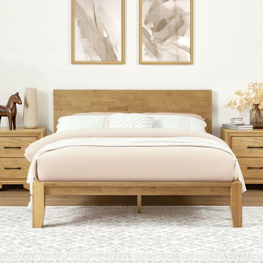 Softa Mikor Queen Japanese Joinery Bed Frame with Headboard, Solid Rubberwood Platform Bed, 1500 Lbs Heavy Duty, SGS Certified, 15Min No-Tool Setup, Storage Shelf, USB-A/C Port, No Box Spring Needed