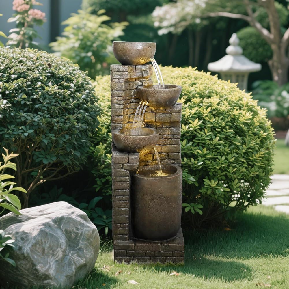 Hamiedun 38.2 ''H Water Fountain Outdoor Cascading Bowls and Stacked Stones with Led Lights Waterfalls Fountain for Outside Gardens, Landscaping, Balconies, Floor Patio,Backyard and Home Art Decor