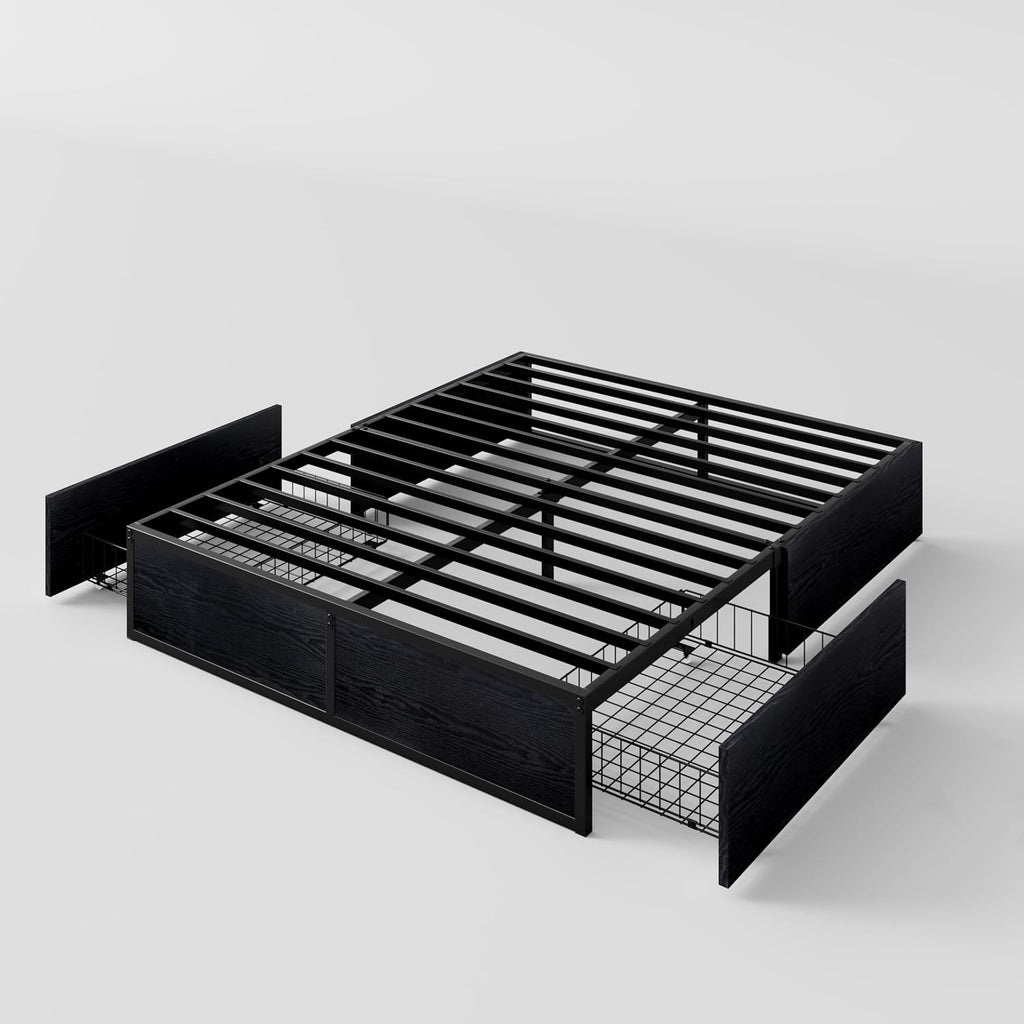 SHA CERLIN Queen Platform Bed Frame with 2 Large Storage Drawers - Heavy Duty Metal & Rustic Wood, Noise-Free, No Box Spring Needed, Black