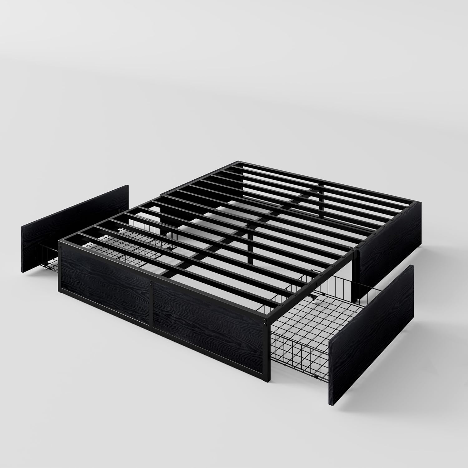 SHA CERLIN Queen Platform Bed Frame with 2 Large Storage Drawers - Heavy Duty Metal & Rustic Wood, Noise-Free, No Box Spring Needed, Black