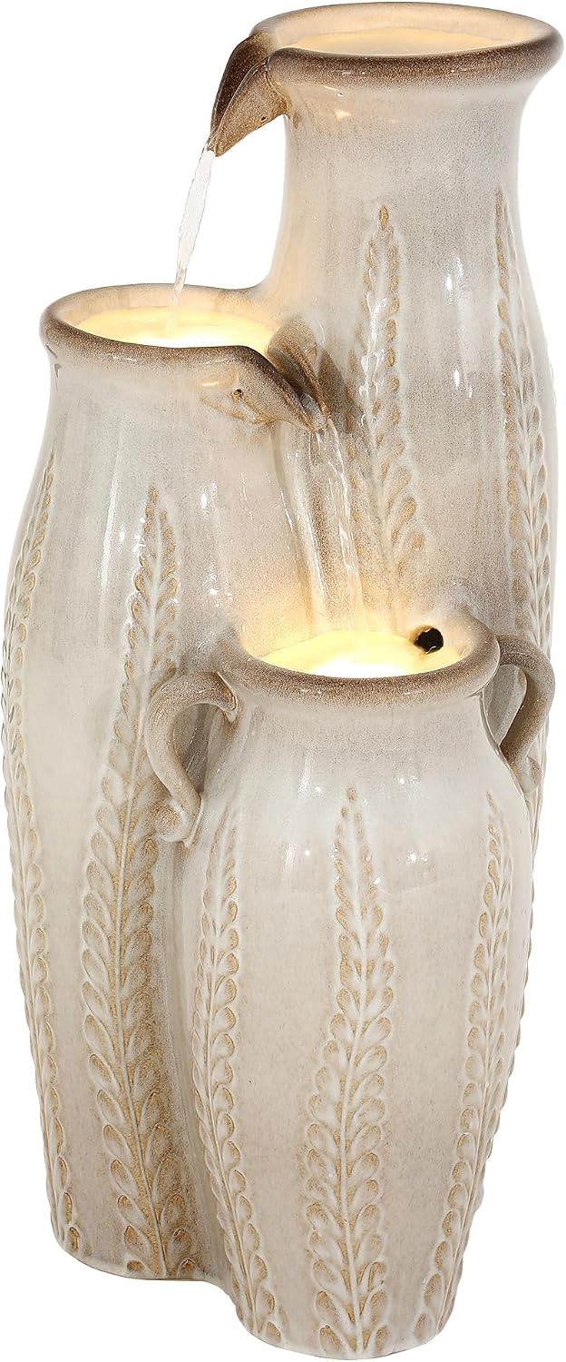 29.5' H Ceramic Outdoor Water Fountain with LED Lights, 3-Tier Vase Cascading Water Feature, Beige Glaze with Embossed Leaf Patterns, Tranquil Waterfall for Garden, Patio, Yard, or Porch