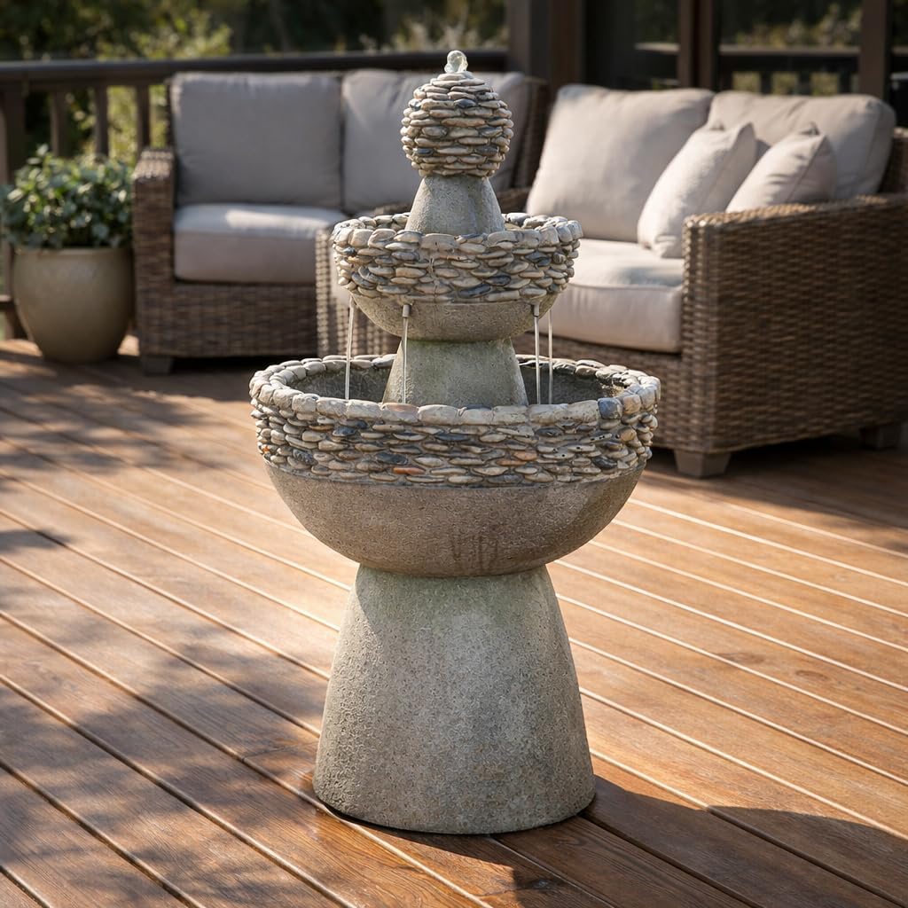 Teamson Home 36.5 in. Outdoor 3-Tier Zen-Style Pedestal Water Fountain in. with Stone Trim with Pump and 2.64 Gallon Capacity, Stone Gray