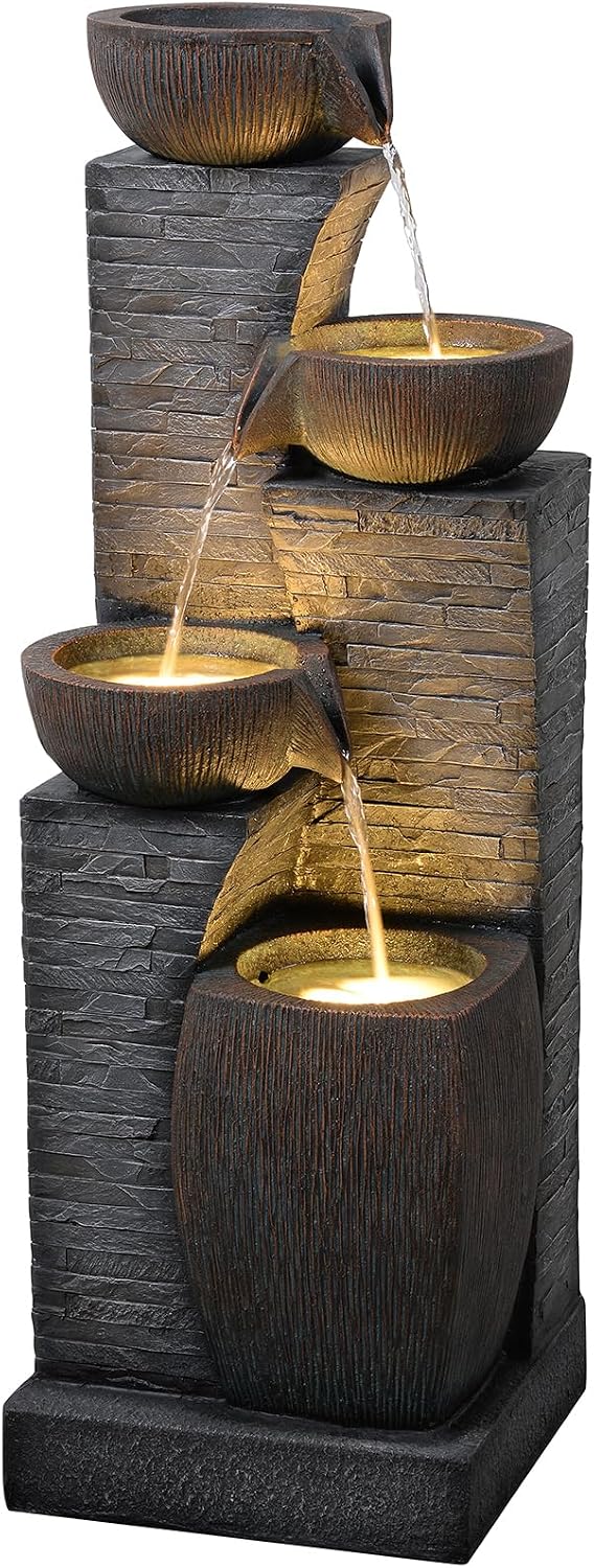38.2' Tall Outdoor Water Fountain,Stone Texture Modern 4 Tiers Cascading Bowls Garden Fountains Outdoor,Suit for Patio, Deck, Porch, Lawns, Backyard and Home Art Decor