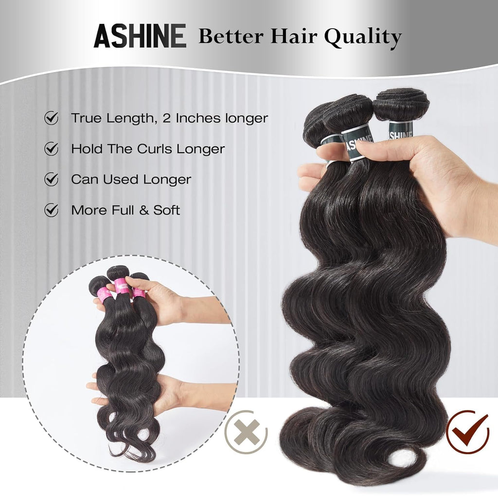 ASHINE Human Hair Bundles Body Wave, Unprocessed Cambodian Raw Hair Bundles for Women Natural Black 26 28 30 Inch, Keep Soft and Silky After Multiple Washes