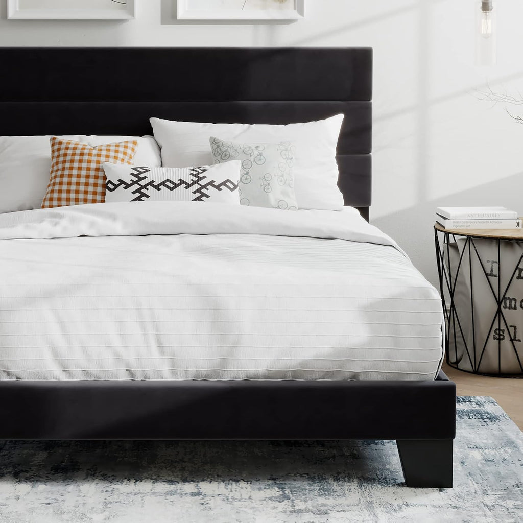 SHA CERLIN Queen Platform Bed Frame with Velvet Upholstered Headboard, Mattress Foundation with Strong Wooden Slats Support, No Box Spring Needed, Black