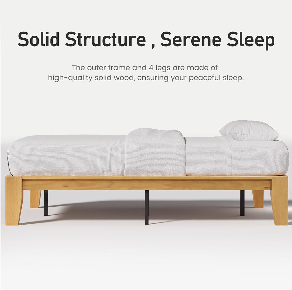 Lifezone Wood Queen Platform Bed Frame, Premium Solid Wood, Sturdy Structure, 3.78' Thickened & 14' Height Legs, Easily Assemble, Mortise & Tenon Joints Patterns, Natural